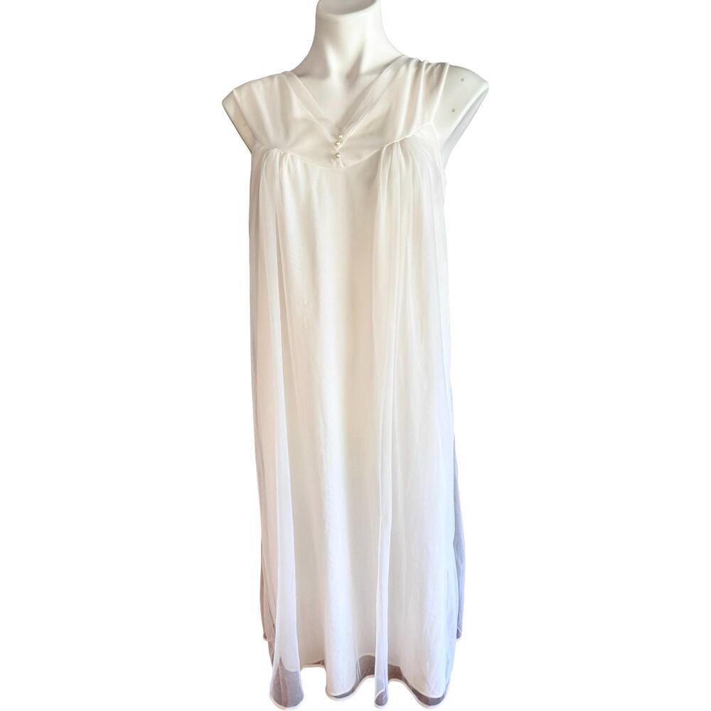 Vintage Jenne Marie Nylon Nightgown 1970s Pearl Button Empire Chiffon White S - Picture 4 of 12